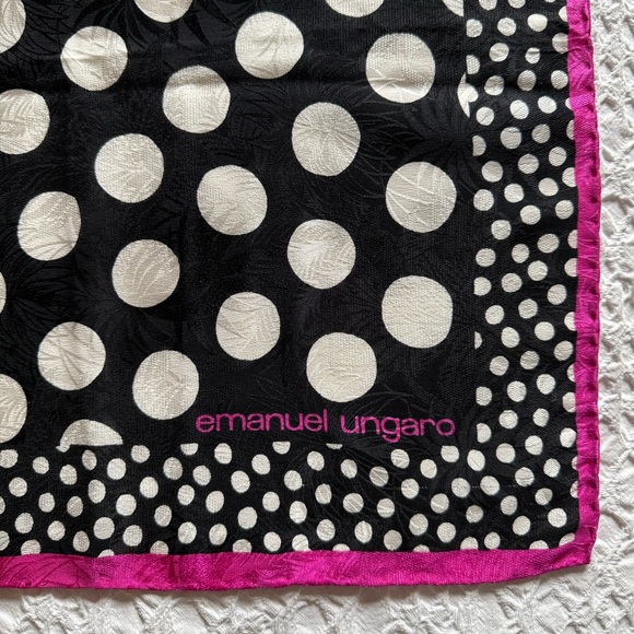 Vintage Emanuel Ungaro Silk Scarf Polka Dot Pink Black Signed 34x34